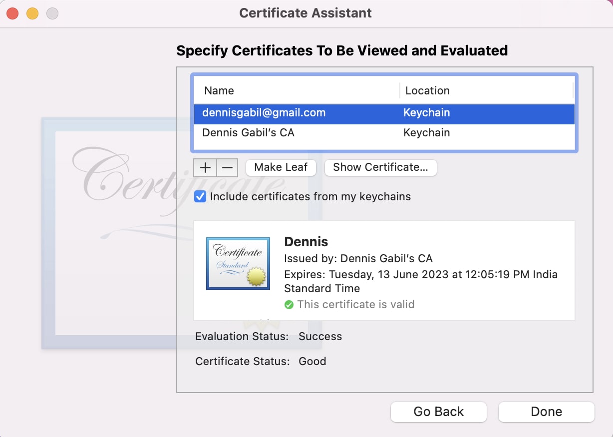certificate assistant code signing done