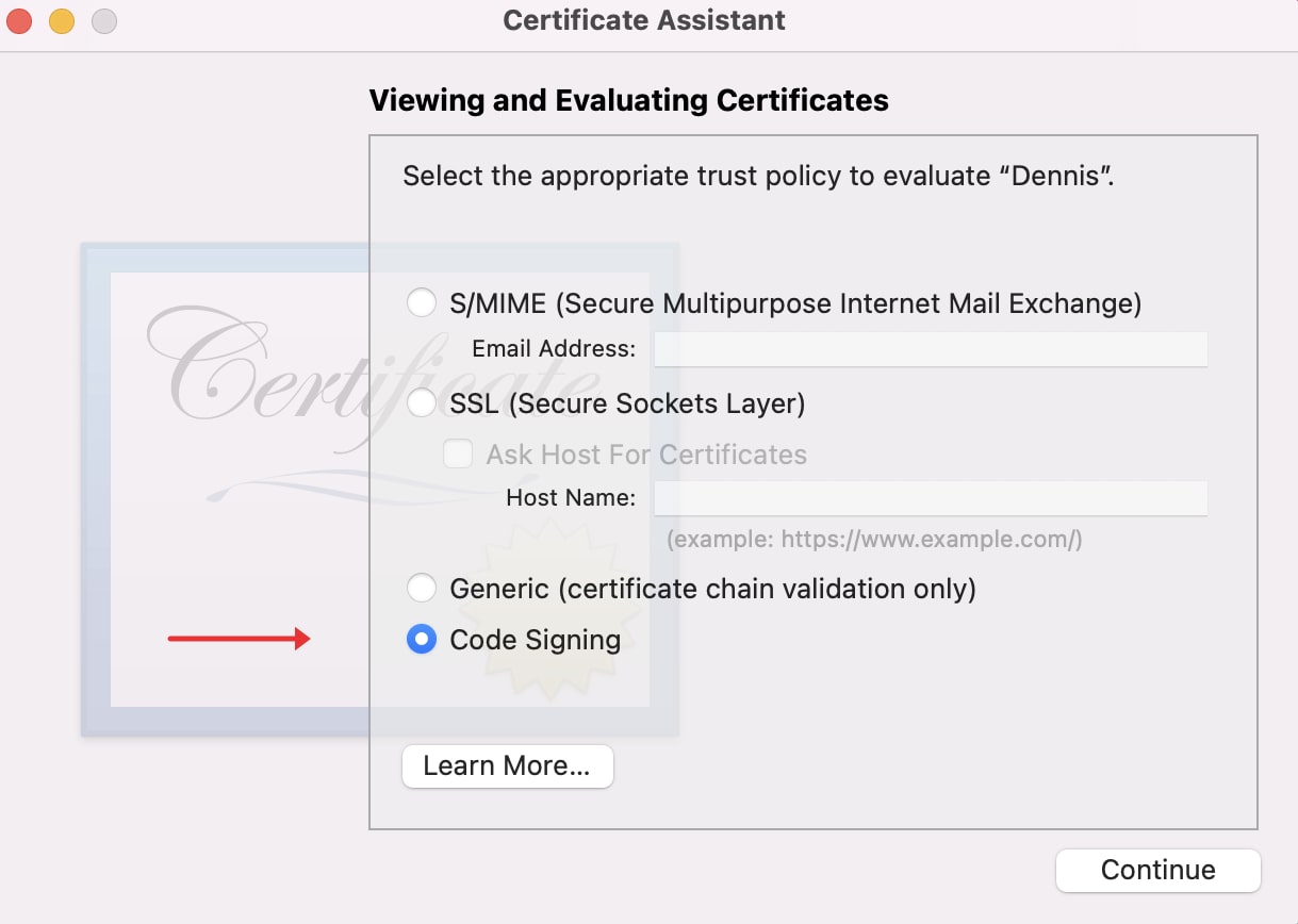 certificate assistant code signing