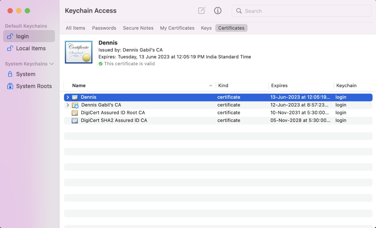 create a certificate list in keychain
