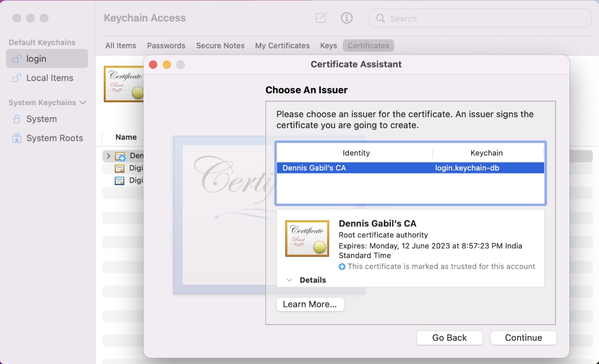 create a certificate choose CA