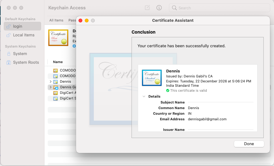 create a certificate done