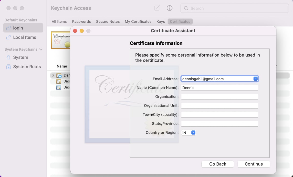 create a certificate email field