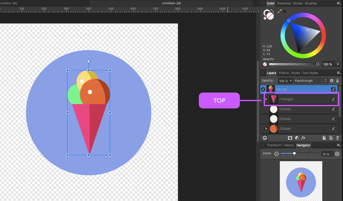 affinity designer round ice cream cone layers dragged