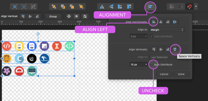 affinity designer sprite all rows vertical align