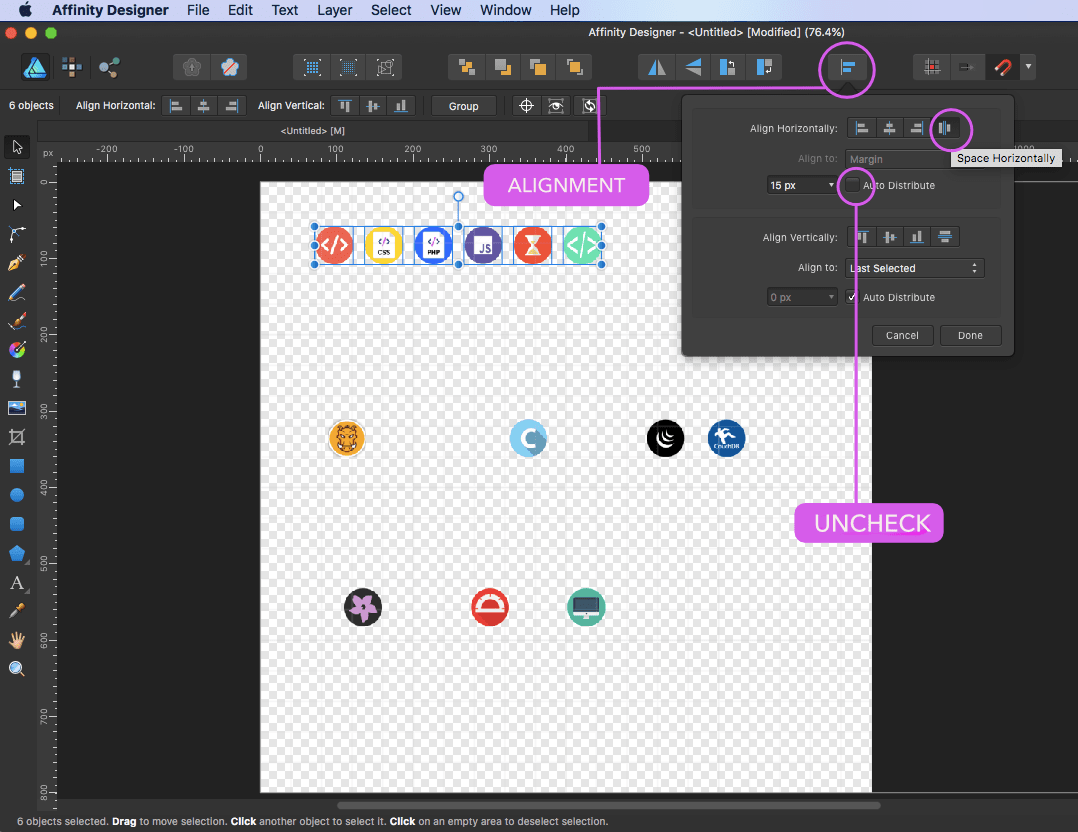 affinity designer sprite first row equal gap